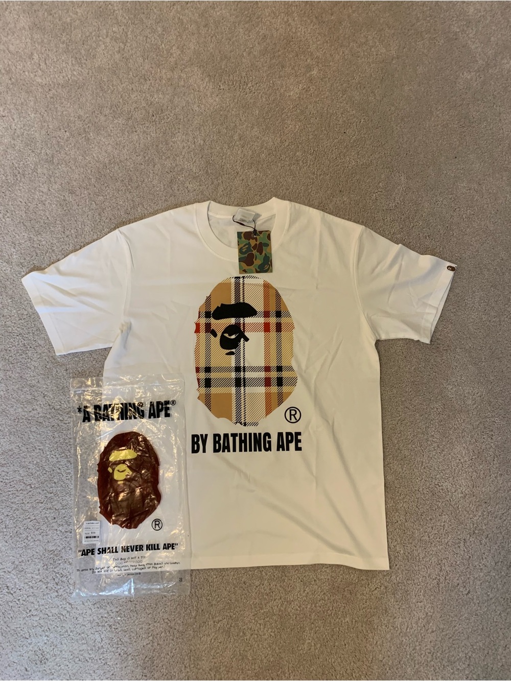 A Bathing Ape White Plaid Ape Head Logo Short Sleeve Tee